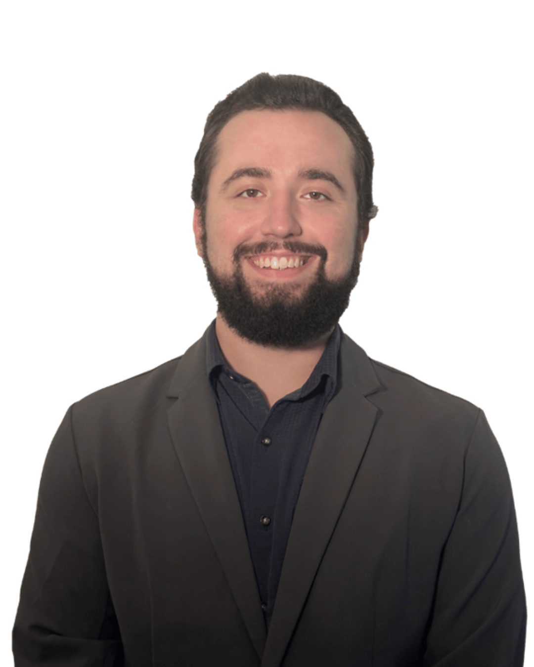 Professional headshot of Bryce Kobe, a smiling white man with dark hair and a dark beard wearing a brown suit and a black shirt against a white background. 