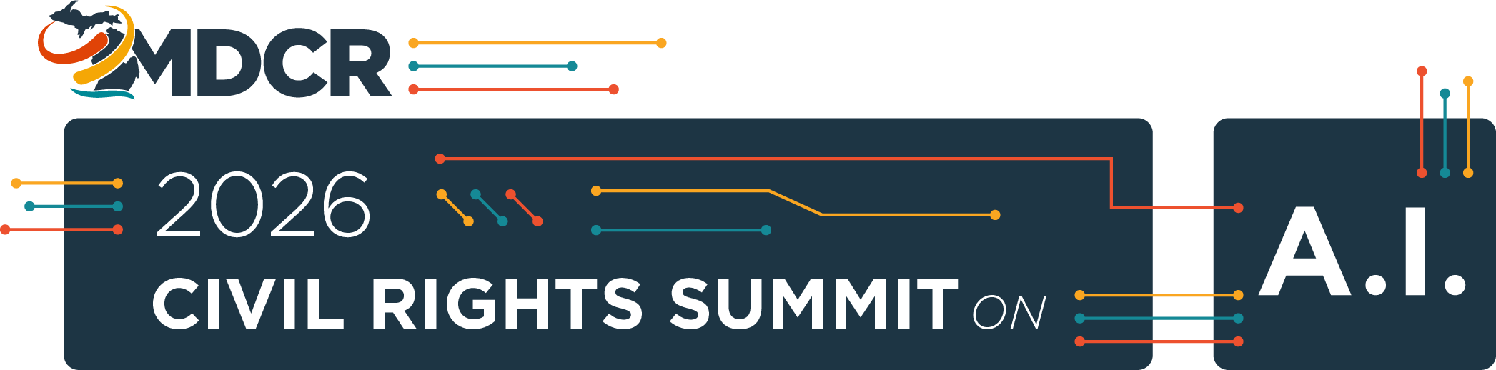 Blue and black image made to look like a circuit board. Text 2026 Civil Rights Summit on AI. MDCR's logo is at the top.