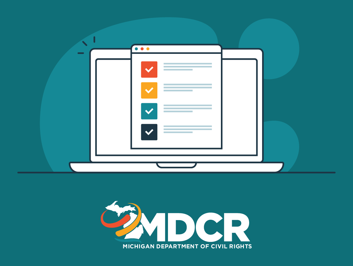 A dark teal background has a white laptop illustration showing check mark boxes that coordinate with the colors of the MDCR logo.