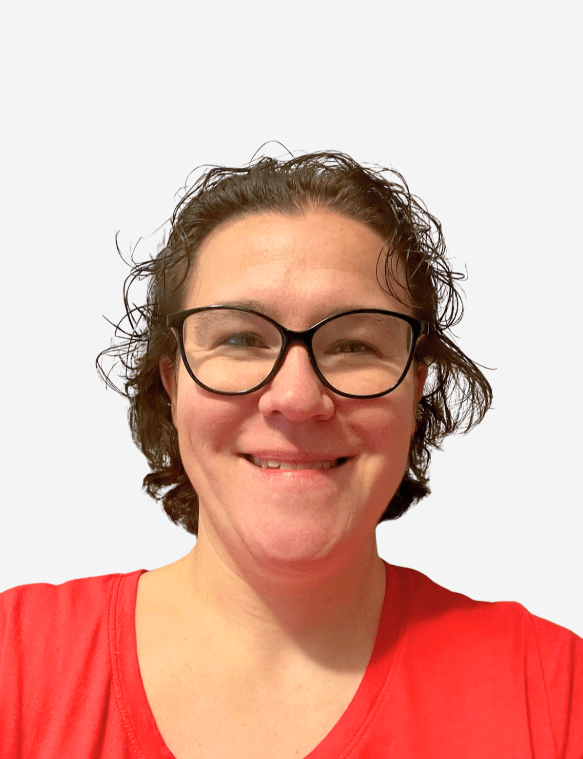 Image of a woman with short, wavy brown hair and glasses in a red shirt