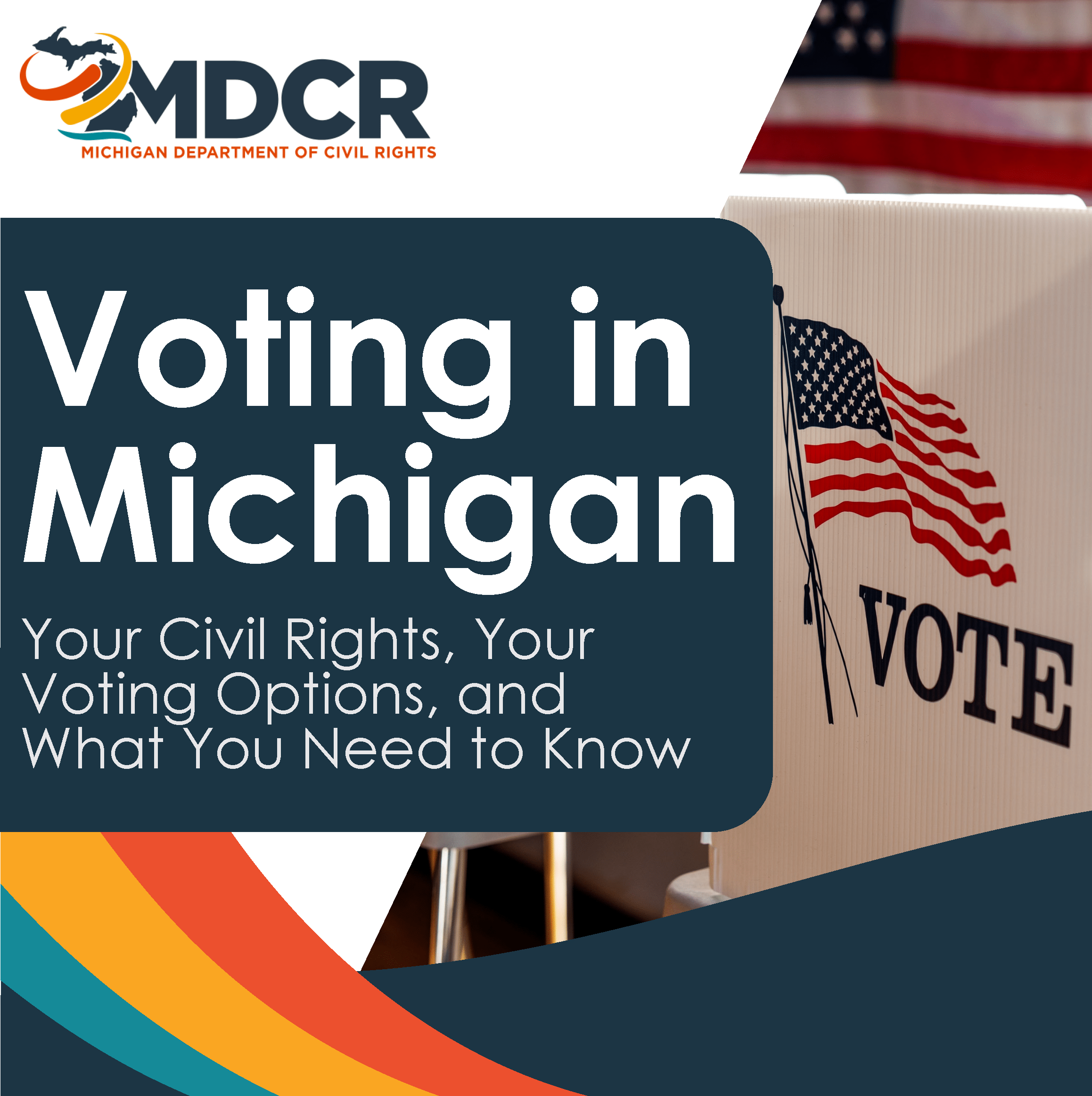 MDCR graphic titled 'Voting in Michigan' with a voting booth displaying a U.S. flag and the word VOTE, alongside colorful curved design elements.