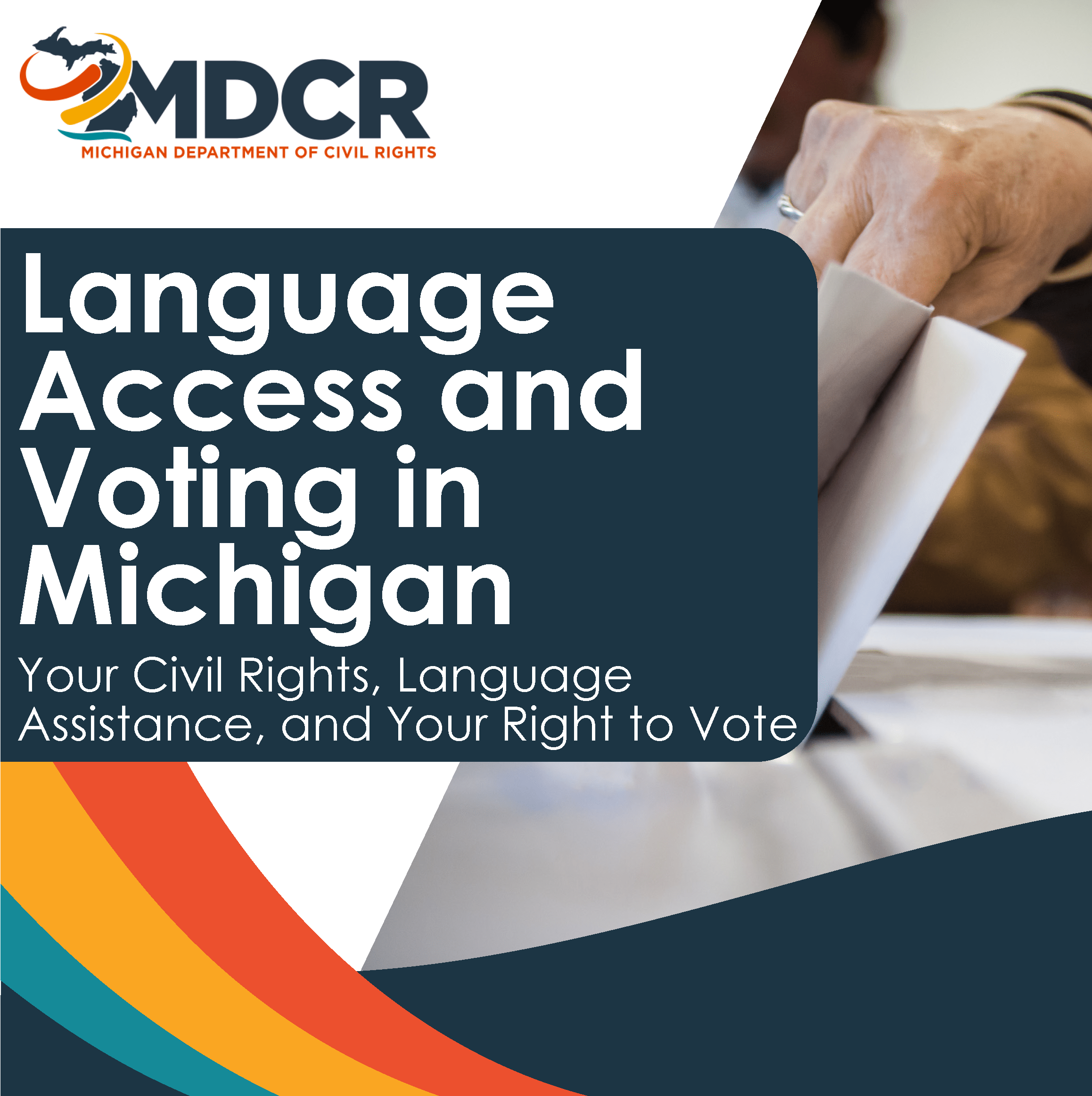 MDCR graphic titled 'Language Access and Voting in Michigan' with a close-up of a hand inserting a ballot into a ballot box and multicolored curved design elements.