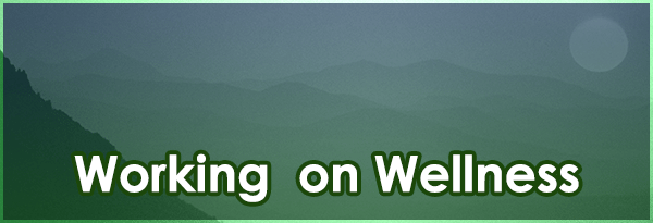 Working on Wellness page banner depicting a green and blue scene of the sun setting over mountains