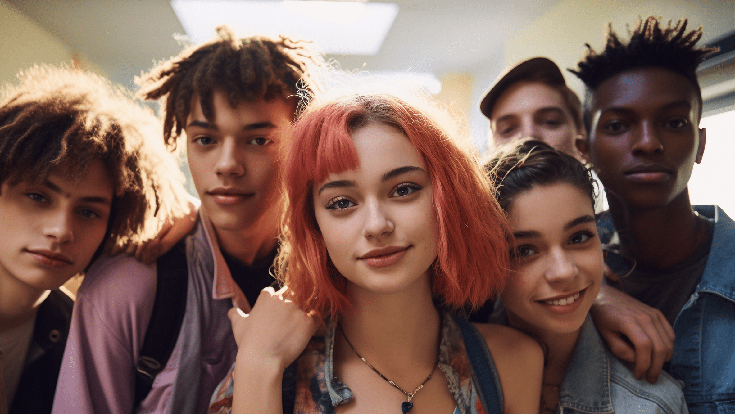 Diverse group of high school students smiling at camera.