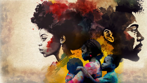Watercolor illustration of African American adult female and male, and smaller illustration of three children.