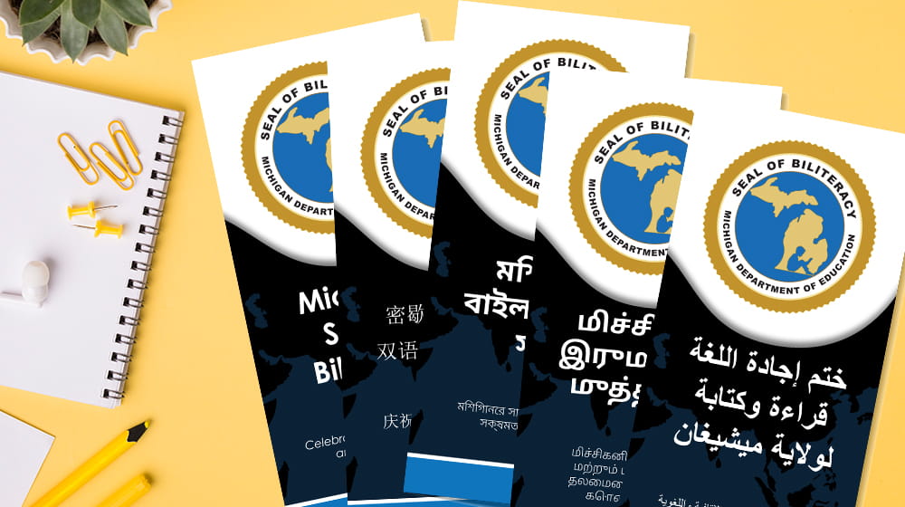 Yellow desk with multiple language versions of the MI-SoBL Trifold Brochure spread across it.