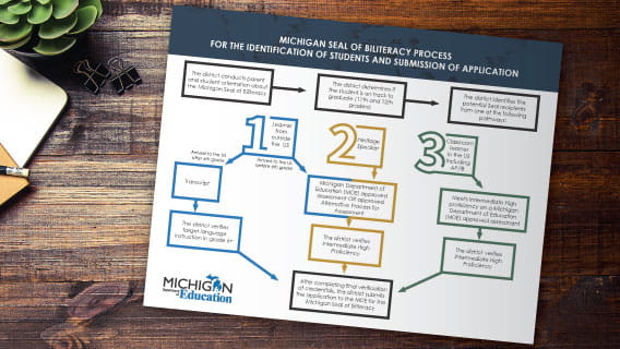 MI-SoBL Process Flowchart document on a wooden desk.