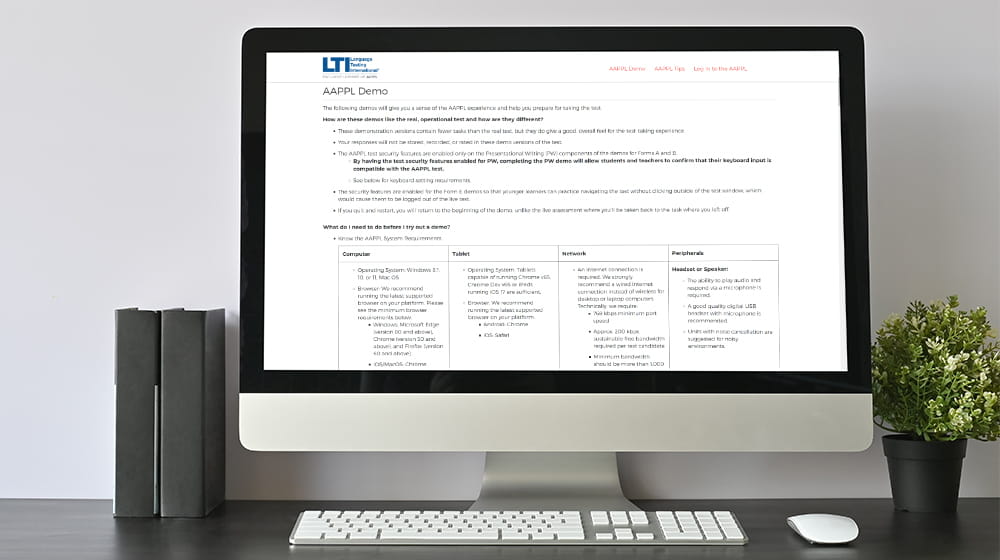 Desktop Computer showing the Language Testing International web page.