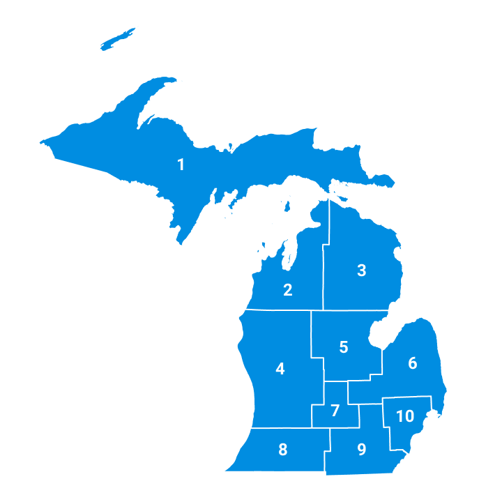 Full map of all 10 school district regions in Michigan