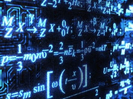 Glowing blue mathematical formulas overlaying a glowing blue circuit board background