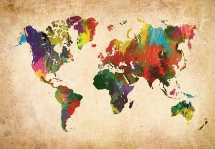 Colored map of the world on a parchment background