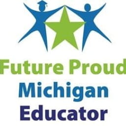 Abstract blue graduates dance by a green star over the words Future Proud Michigan Educator