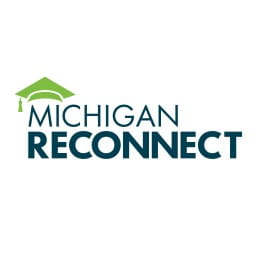 Abstract green graduation cap sits atop the words Michigan Reconnect