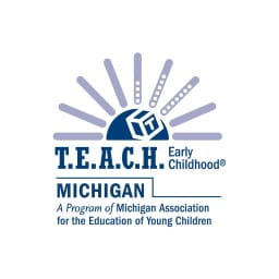 Blue logo featuring an abstract sun over the words TEACH Early Childhood Michigan, a program of Michigan Association for the Education of Young Children 
