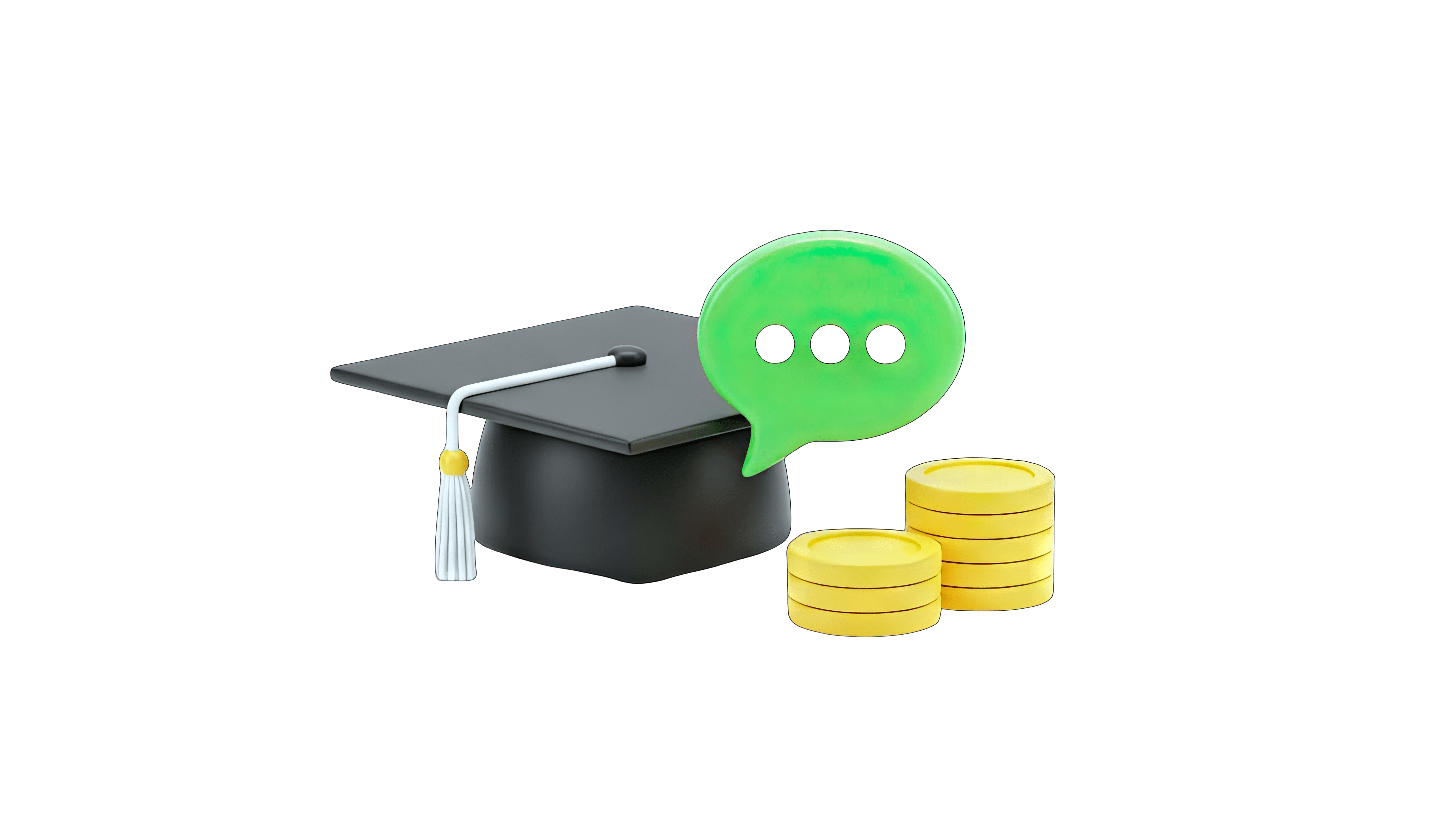 An abstract graduation cap, thought bubble, and stack of coins.