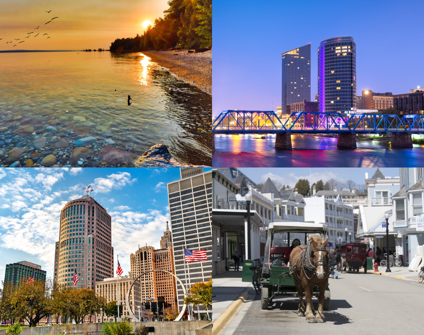 Image is made up of four quadrants with a Great Lakes shoreline in the upper left, the skyline of the city of Grand Rapids in the upper right, the skyline of the city of Detroit in the lower left, and a horse-drawn carriage on Mackinaw Island in the lower right. 