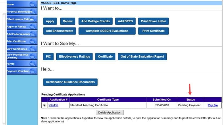 screenshot of MOECS home screen