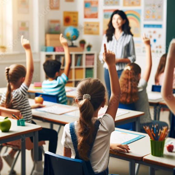 Students in a classroom raise their hands as a teacher is about to call on one of them.