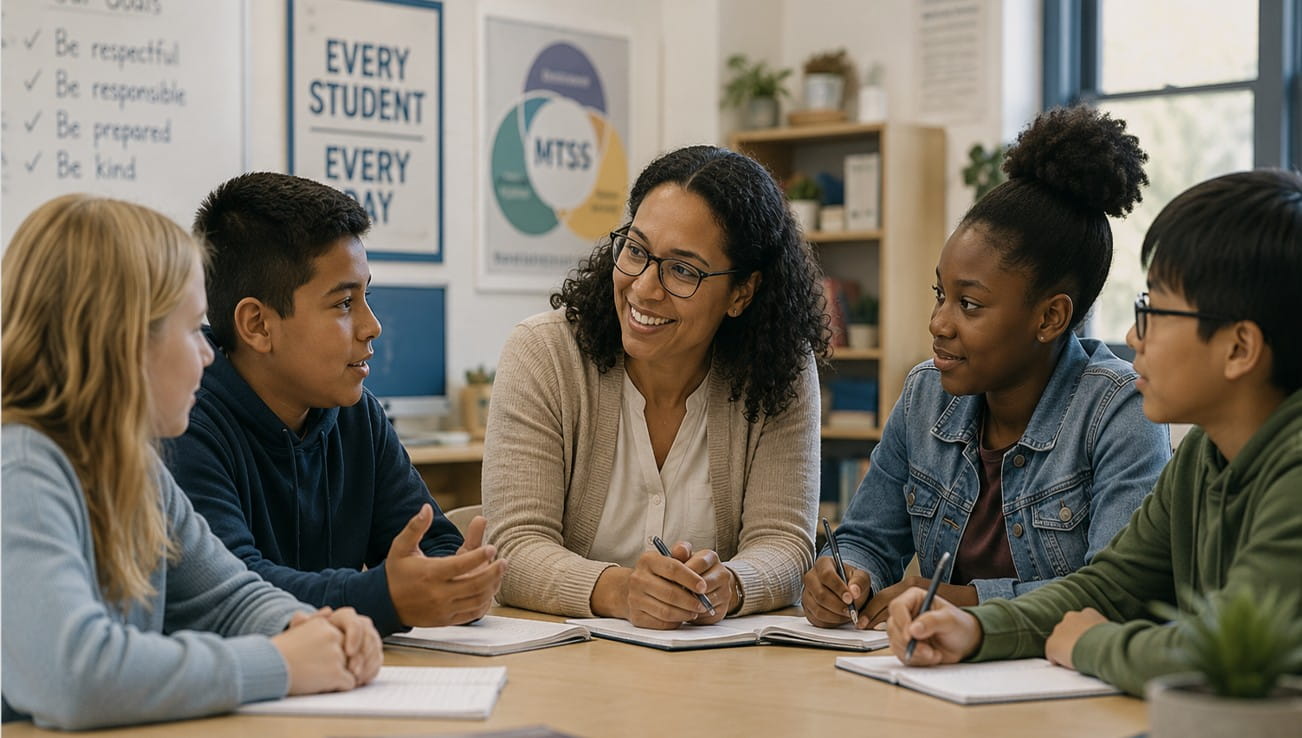 female educator at a table with a group of students