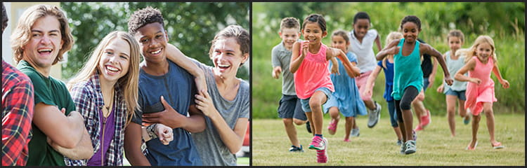 This image contains two pictures with a thick black border. The picture on the left is of four teens laughing outside. The picture on the right is of a diverse group of school-aged children running outside.