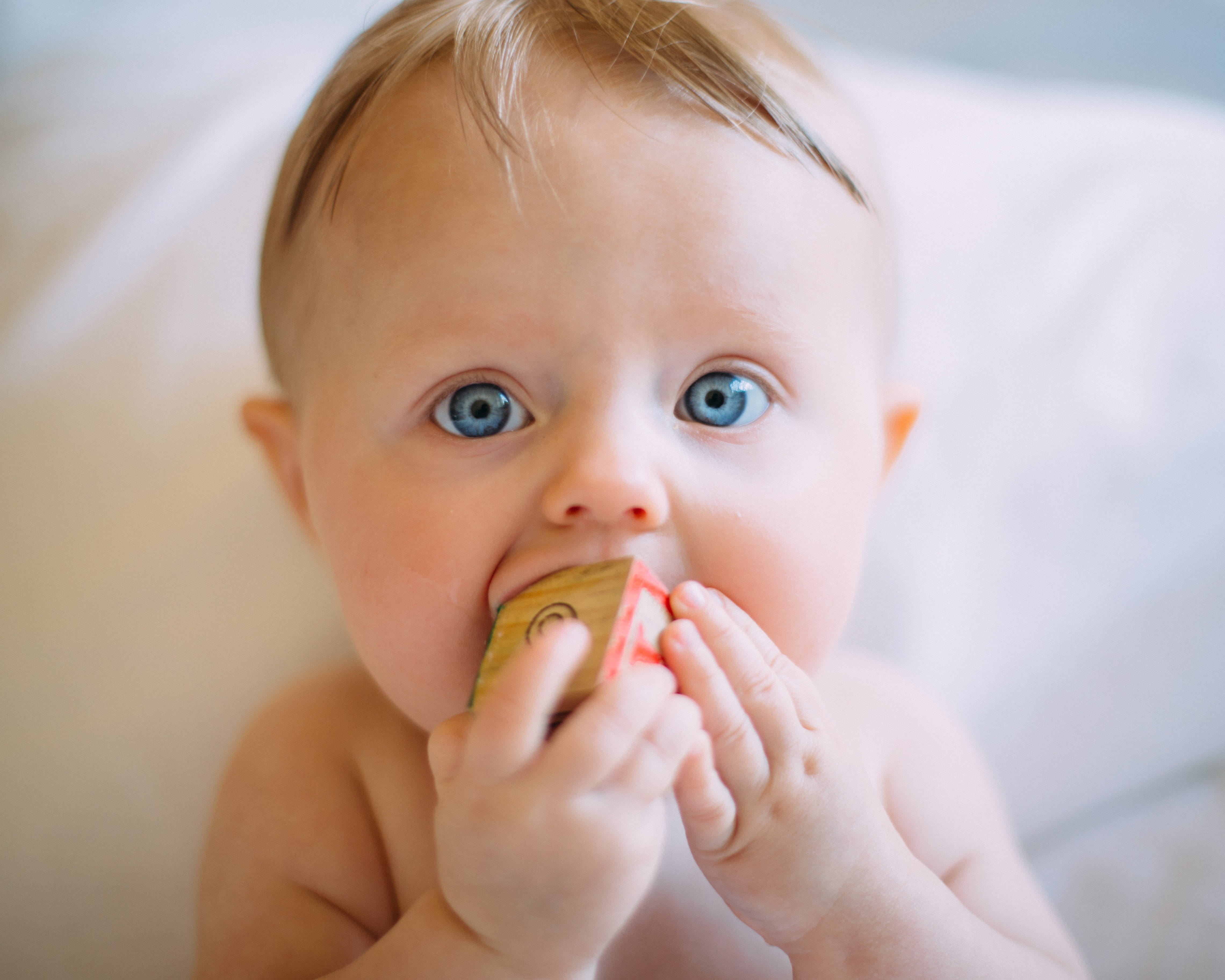 Photo of a baby with a block in their hands.