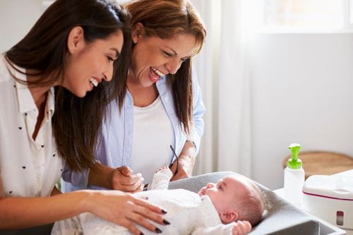 Two women looking at baby