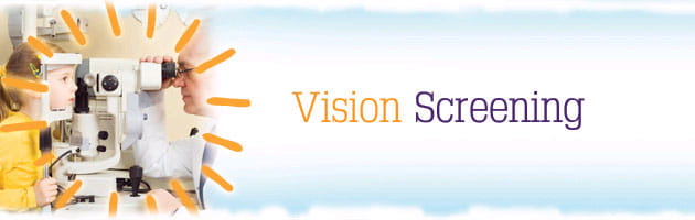 Vision screening banner, image of a child getting his vision tested.