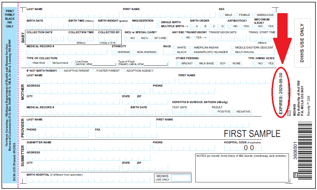 image of newborn screening card with expiration date of October 31, 2026