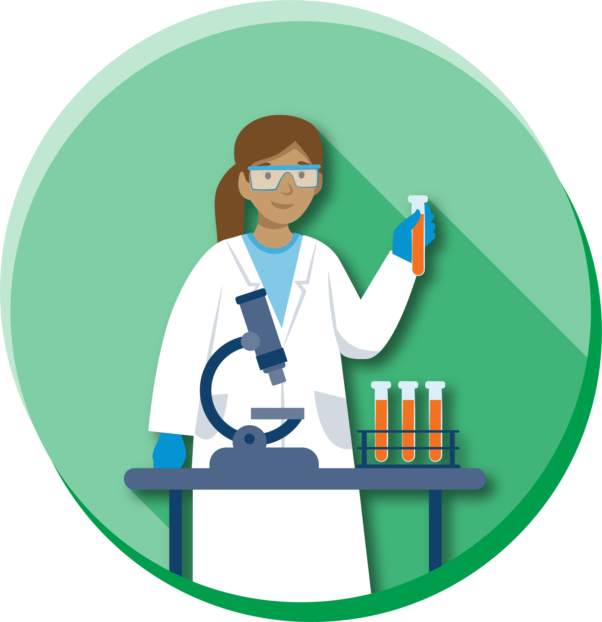 a woman wearing a white coat and goggles working in a laboratory