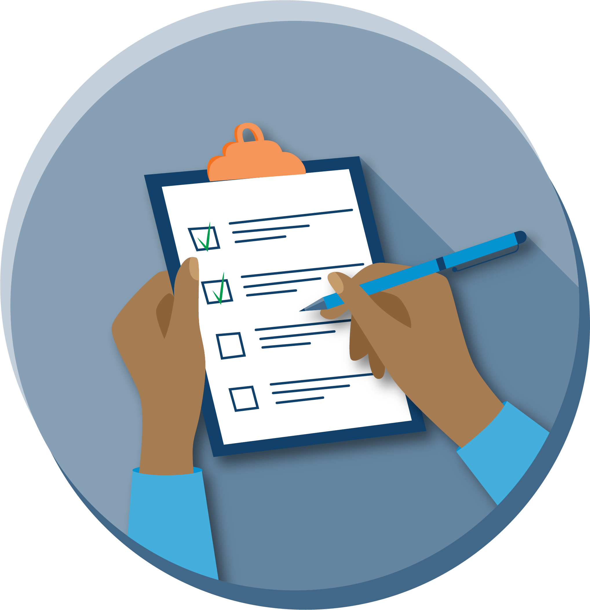 a hand writing on a checklist on a clipboard