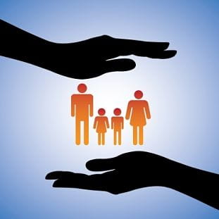 Artistic rendering of a two hands holding a family of four