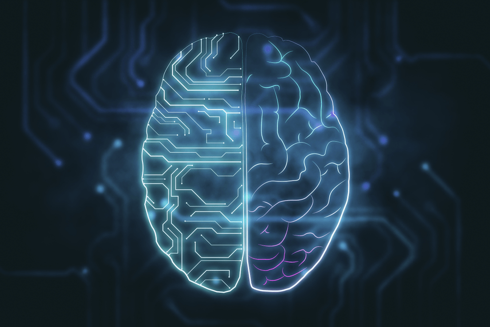 Brain cross-section shown as being filled with digital circuits
