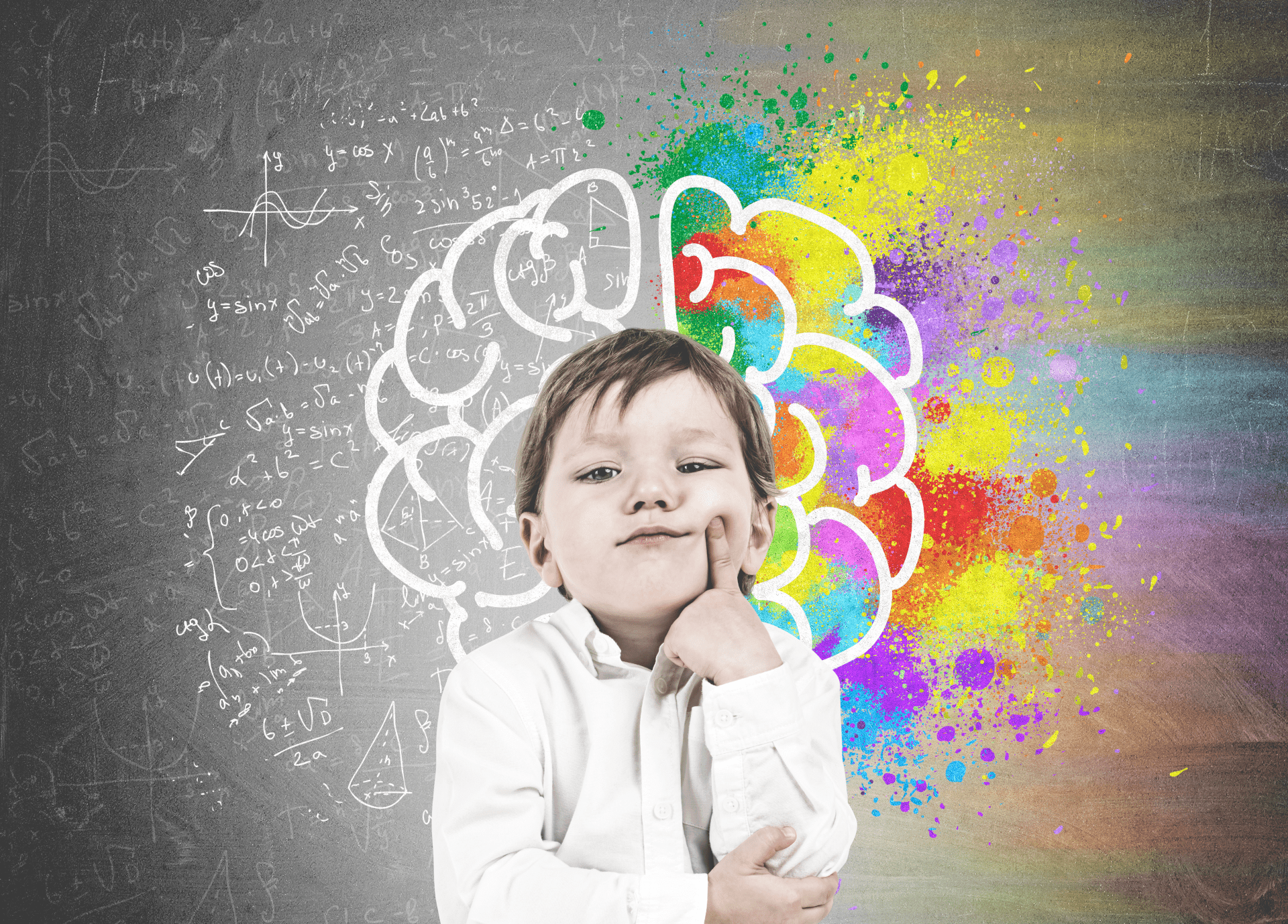 Young boy in white button-up shirt, holding his finger to his cheek and thinking in front of a concept blackboard with a colorful brain illustration