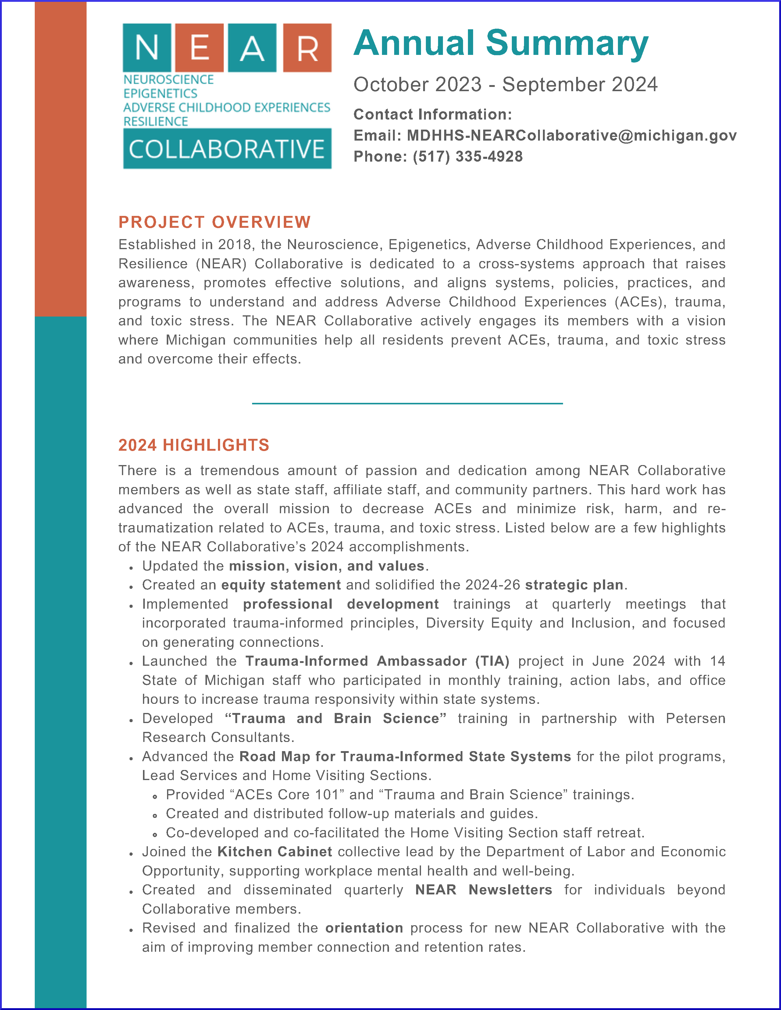 First page of NEAR Collaborative Annual Summary:  October 2023 - September 2024