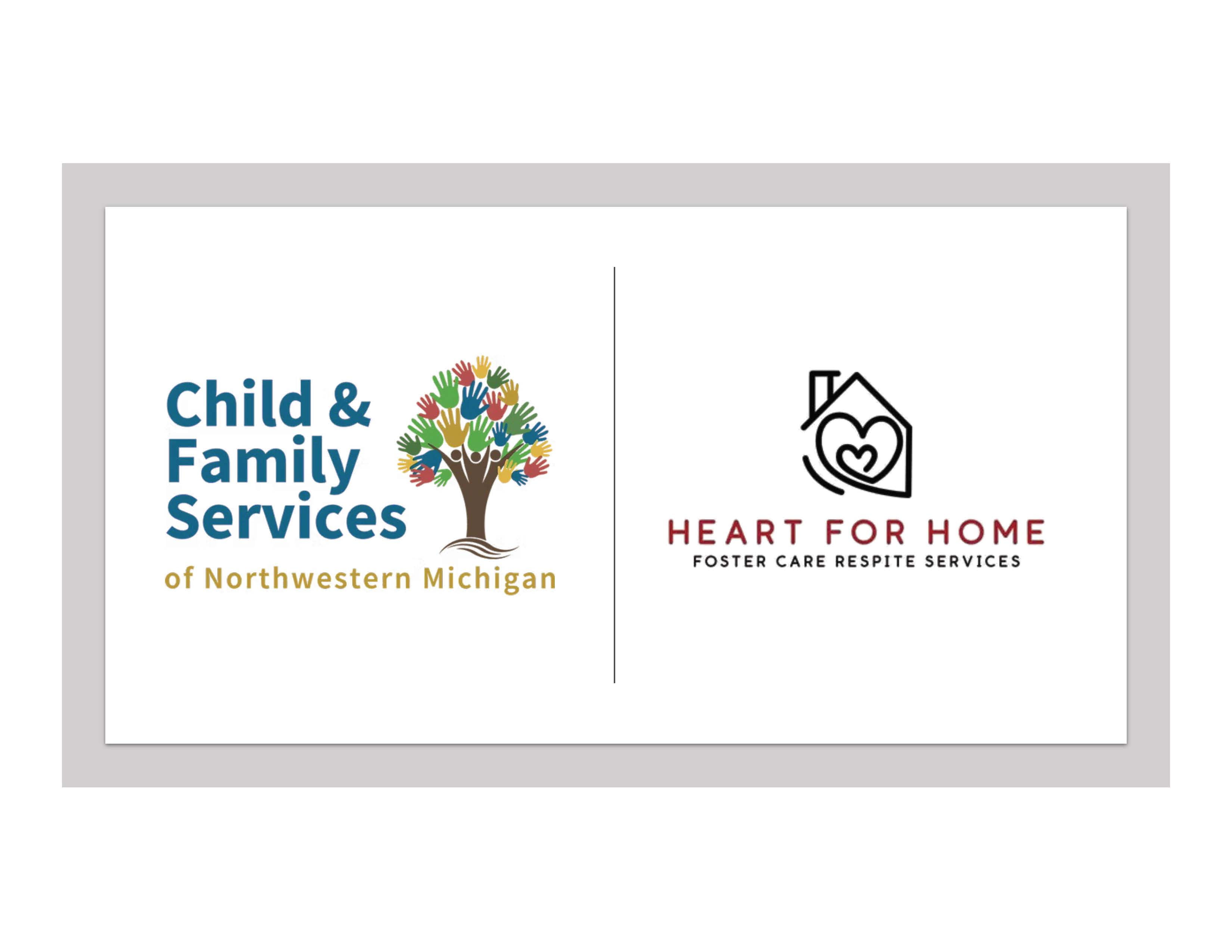 Two logos, one that says "Child & Family Services" in blue text next to a tree, and "Heart for Home" in red text with a home designed to have a heart in it as the logo.