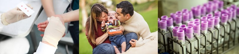 Photos of blood collection, two adults kissing a baby, and a rack of blood tubes