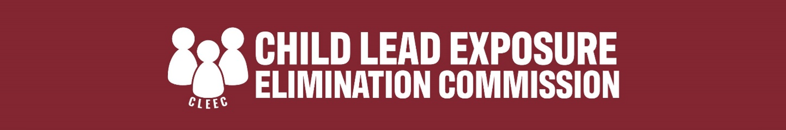 Banner for the Child Lead Exposure Elimination Commission. Features the name of the commission in white on a red background, with 3 child icons to the left of the text.