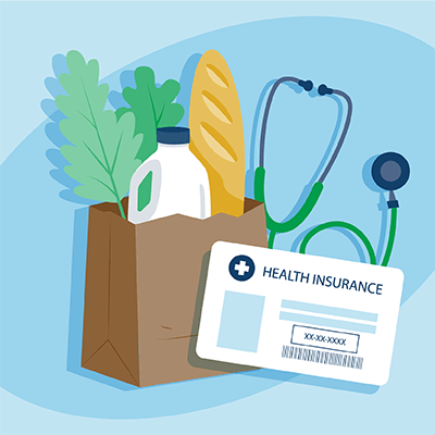 Graphic with groceries, a stethoscope and an insurance card