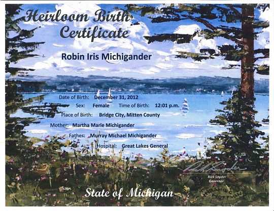 Michigan Beach View Heirloom Birth Certificate