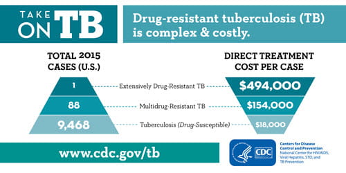 A green pyramid with the number of cases of drug-resistant TB and the cost of treatment per case.