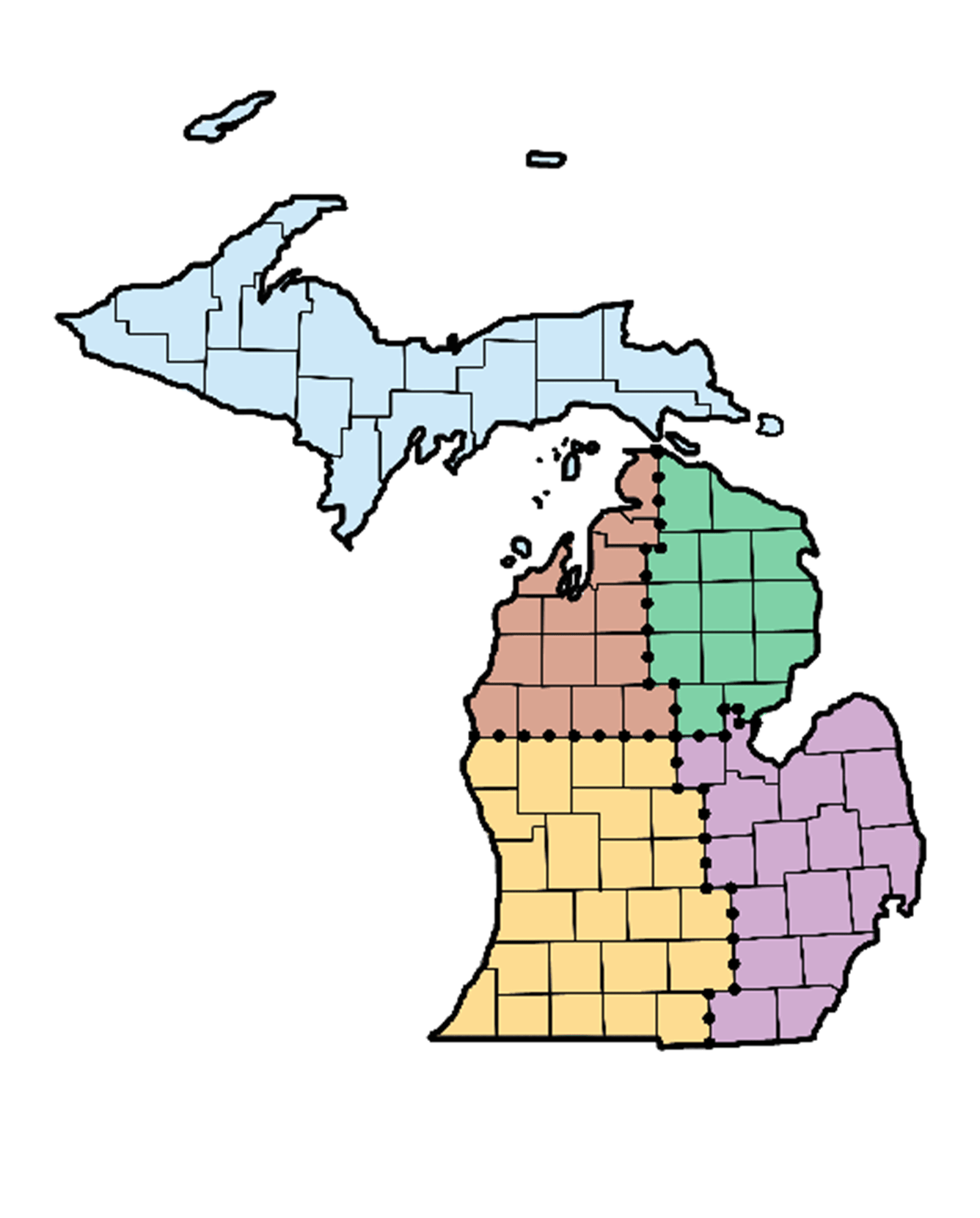 Map of Michigan broken into ESF Regions