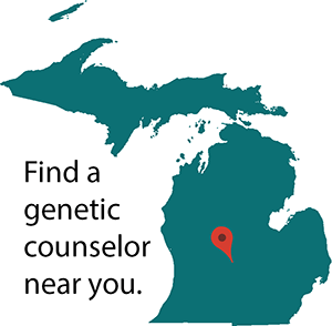 Map of Michigan with pointer and find a genetic counselor