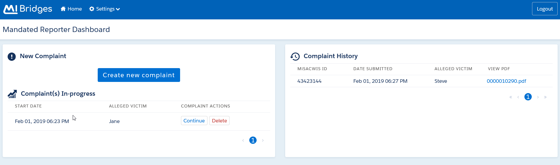 Mandated Reporter Dashboard screenshot