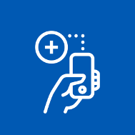 white drawing of hand holding cell phone against blue background