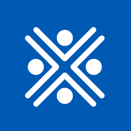 white drawing showing stylized representation of four individuals forming a community against a blue background
