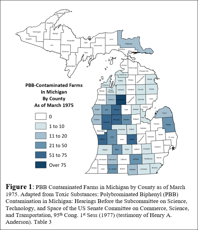 Map showing number of PBB contaminated farms by Michigan county