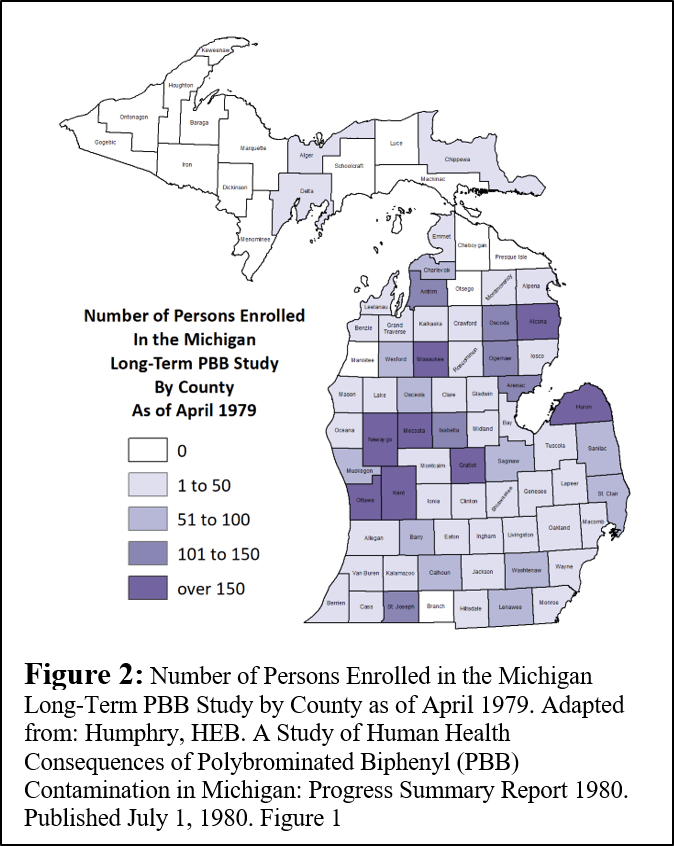 Map showing number of long-term PBB study enrollees by Michigan county
