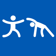 two white unisex stick figures doing stretching exercises on blue background