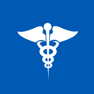 white drawing of medical symbol against blue background