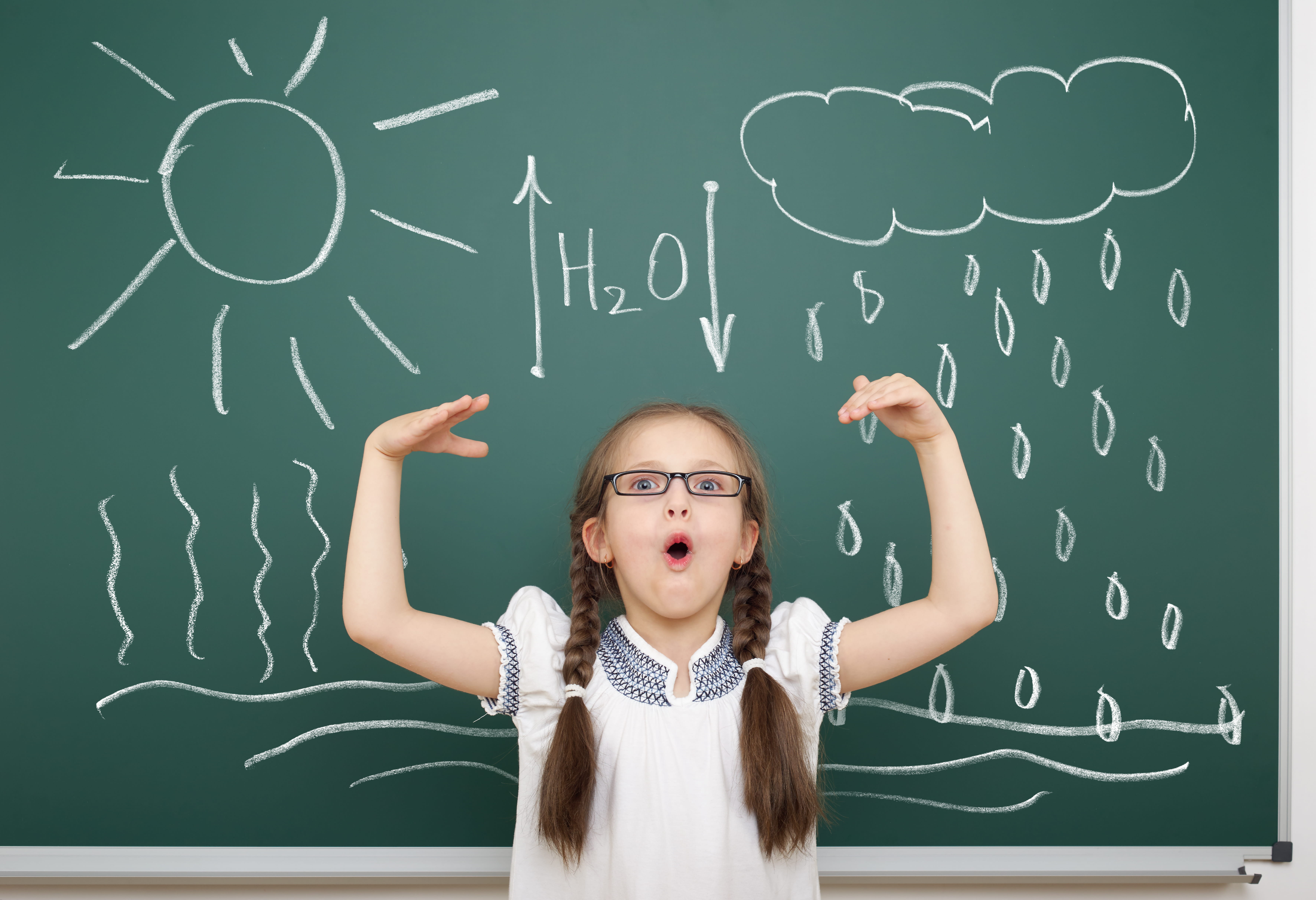 Girl in front of chalkboard with diagram of water cycle